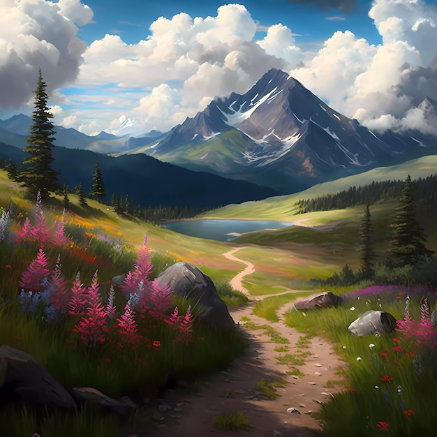 Une peinture d'un chemin menant à un paysage de montagne avec une montagne en arrière-plan.