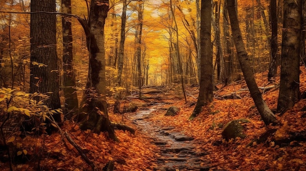 Photo une peinture d'un chemin à travers une forêt avec des feuilles au sol.