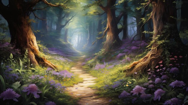 Une peinture d'un chemin à travers une forêt avec des fleurs violettes