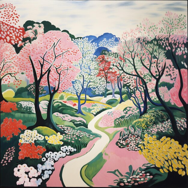 Peinture d'un chemin à travers un jardin avec des fleurs et des arbres génératifs ai