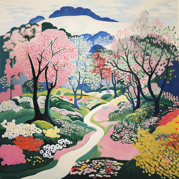 Peinture d'un chemin à travers un jardin avec des fleurs et des arbres génératifs ai