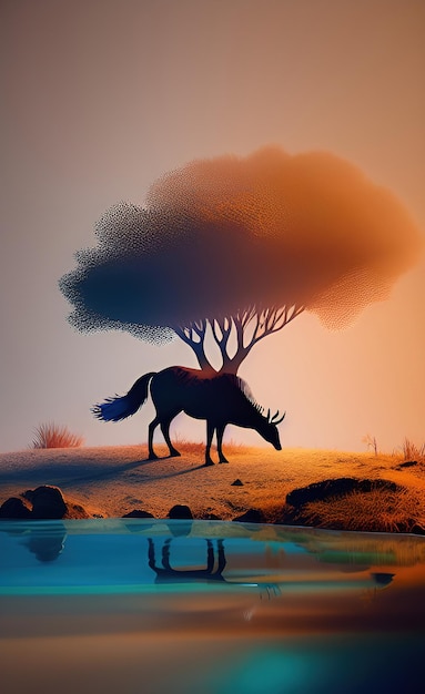 Une peinture d'un cheval et d'un arbre avec le mot "sauvage" dessus