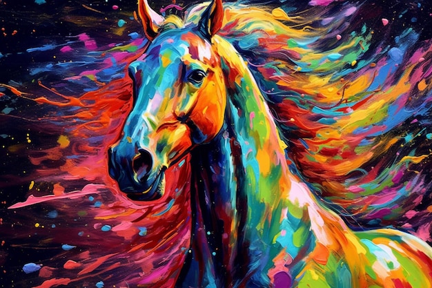 Peinture d'un cheval aux cheveux colorés soufflant dans le vent ai génératif