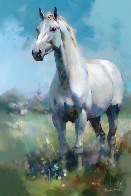 Une peinture d'un cheval blanc dans un champ de fleurs.