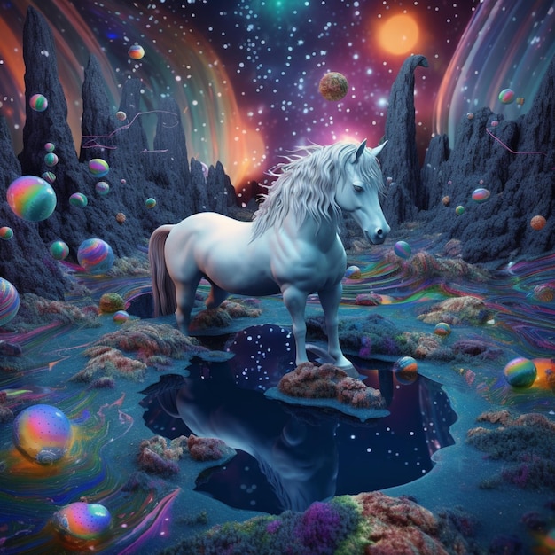 Photo peinture d'un cheval blanc debout dans un champ avec des bulles génératives ai