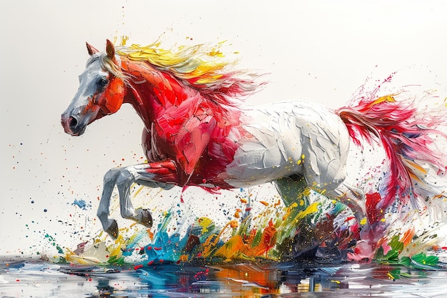 peinture d'un cheval courant dans l'eau avec des éclaboussures de peinture colorée