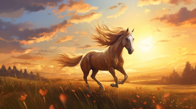 Peinture de cheval en course au coucher du soleil inspirée d'Artgerm