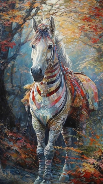 Une peinture d'un cheval avec une couverture rayée dessus