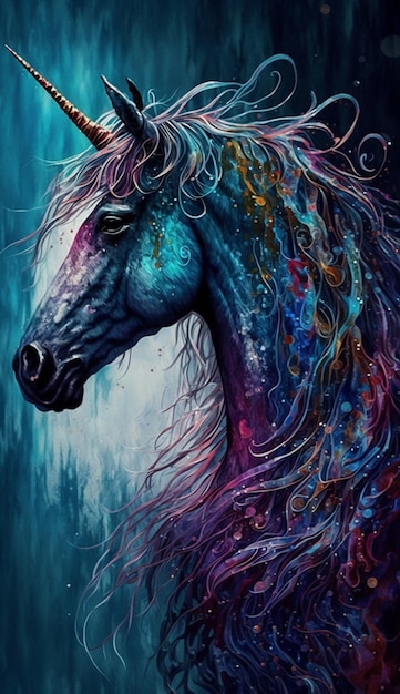 Une peinture d'un cheval avec une crinière bleue et les mots "cheval" sur le devant.