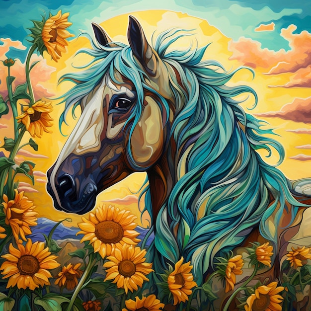 peinture d'un cheval avec une crinière bleue et des tournesols