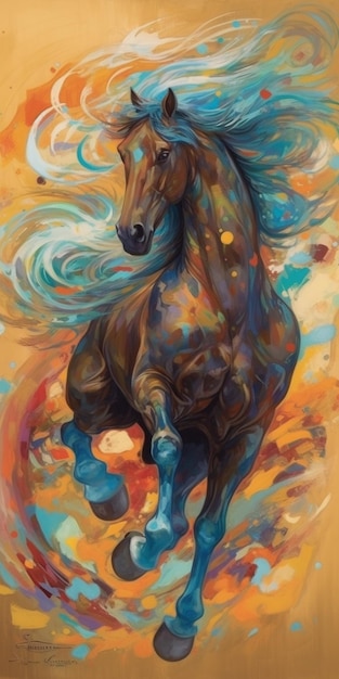 Une peinture d'un cheval avec une crinière bleue