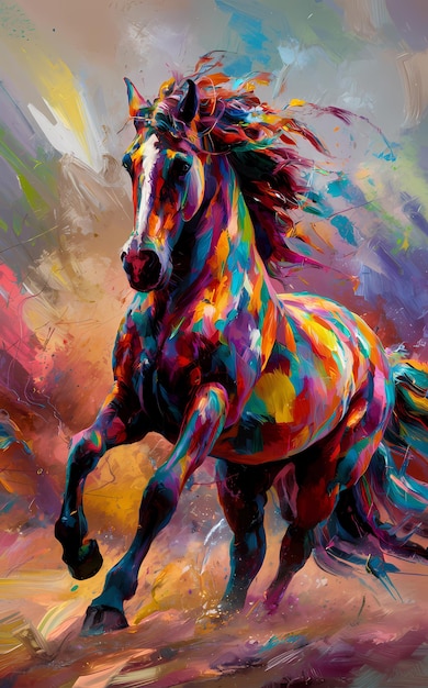 une peinture d'un cheval avec une crinière de couleur arc-en-ciel