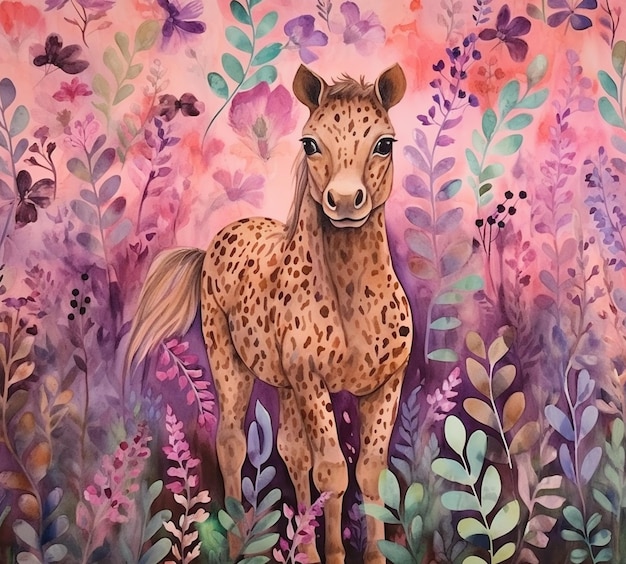 peinture d'un cheval dans un champ de fleurs avec un fond rose