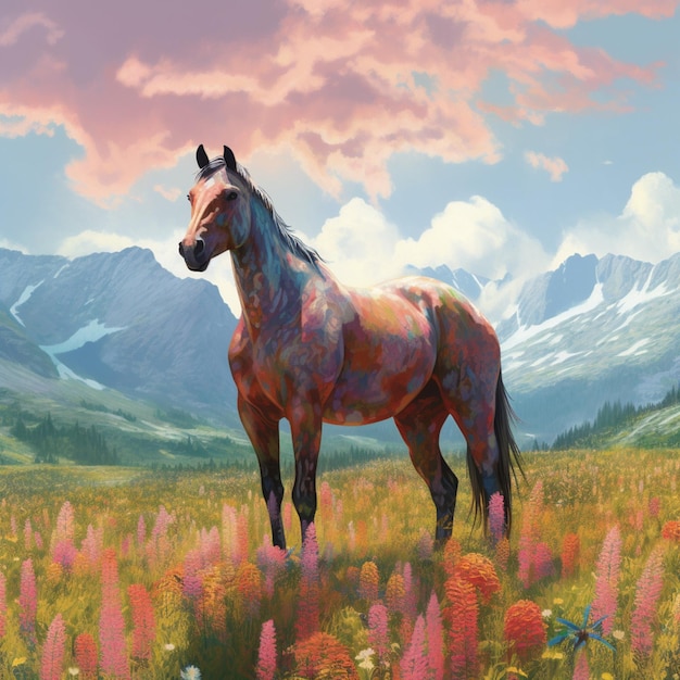 Une peinture d'un cheval dans un champ de fleurs avec des montagnes en arrière-plan.