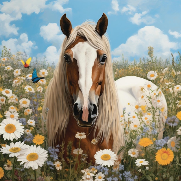 peinture d'un cheval dans un champ de fleurs avec un papillon génératif ai