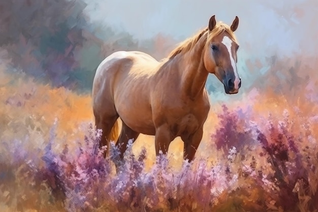 Une peinture d'un cheval dans un champ de fleurs violettes.