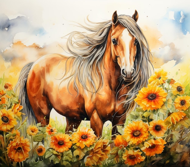 Peinture d'un cheval dans un champ de tournesols avec un fond de ciel génératif ai