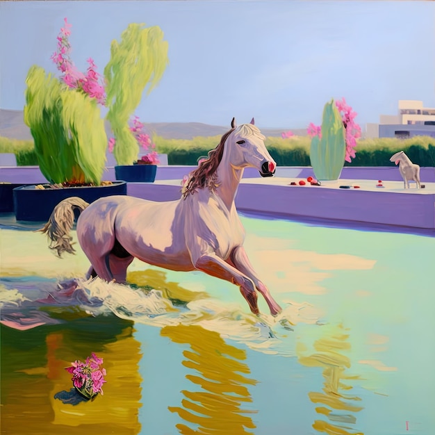 une peinture d'un cheval dans l'eau avec des fleurs en arrière-plan.