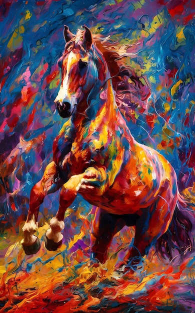 une peinture d'un cheval qui a un fond coloré