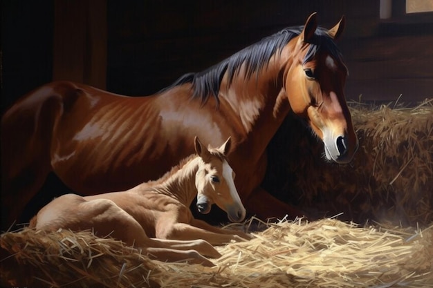 Une peinture d'un cheval et son poulain