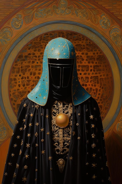 Photo une peinture d'un chevalier dans une armure bleue avec une cape bleue et une cape noire