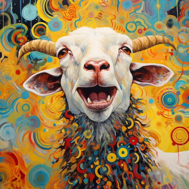 peinture d'une chèvre avec un motif coloré sur son visage ai générative