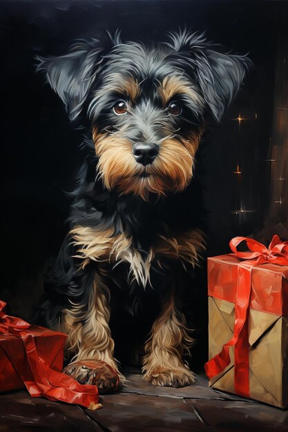 peinture d'un chien assis à côté d'une boîte à cadeaux avec un ruban rouge