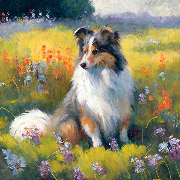 peinture d'un chien assis dans un champ de fleurs