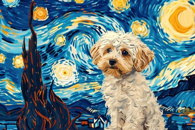 Une peinture d'un chien assis devant un ciel étoilé.