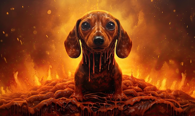 Une peinture d'un chien assis devant un feu