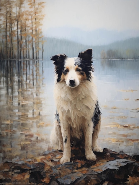 Peinture d'un chien assis sur un rocher au bord d'un lac ai générative