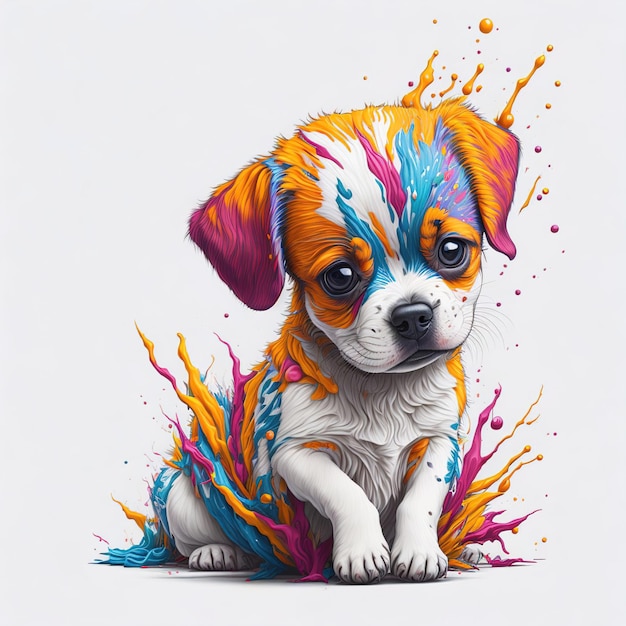 Une peinture d'un chien aux couleurs orange, jaune et bleu.