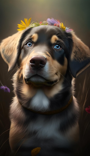 Une peinture d'un chien aux yeux bleus et au visage noir.