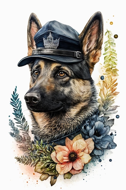 peinture d'un chien de berger allemand portant un chapeau de police ai générative