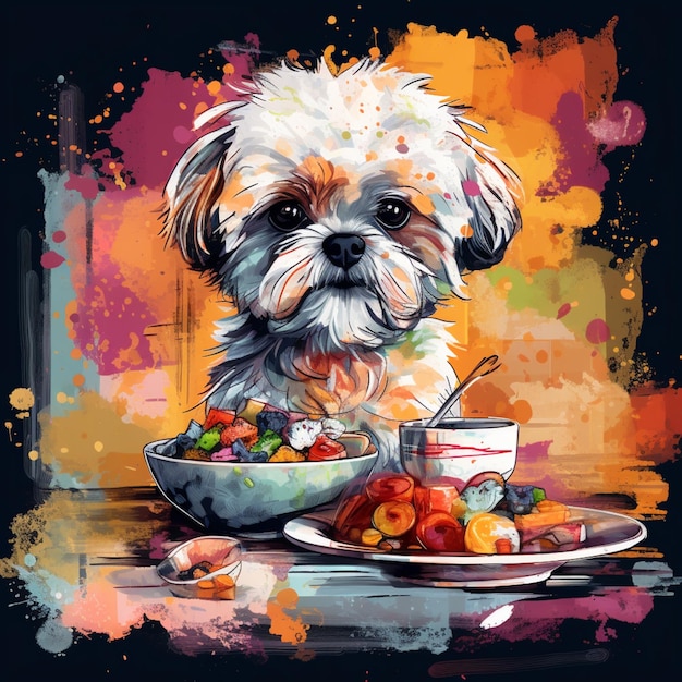 peinture d'un chien avec un bol de fruits et une tasse de thé ai générative