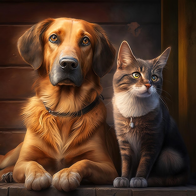 Une peinture d'un chien et d'un chat