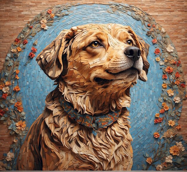 une peinture d'un chien avec un collier bleu et un col bleu