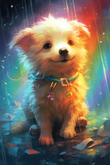 Une peinture d'un chien avec un collier bleu et un collier bleu qui dit "j'aime les chiens"