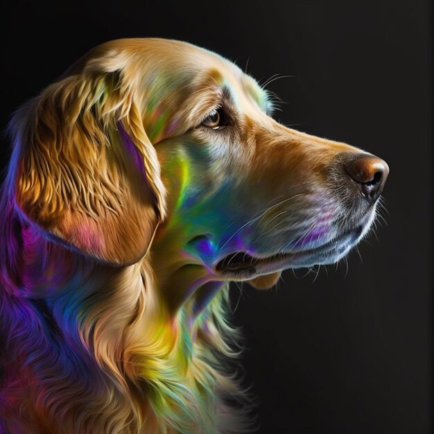Une peinture d'un chien avec les couleurs de l'arc-en-ciel dessus.