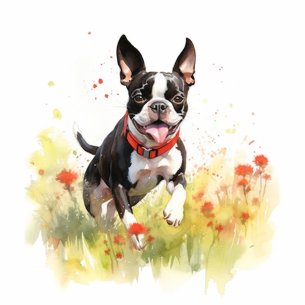 Peinture d'un chien courant dans un champ de fleurs générative ai