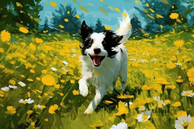 Peinture d'un chien courant à travers un champ de fleurs