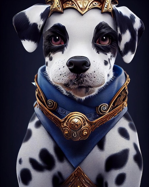 Une peinture d'un chien dalmatien avec une écharpe bleue et un médaillon d'or autour du cou.