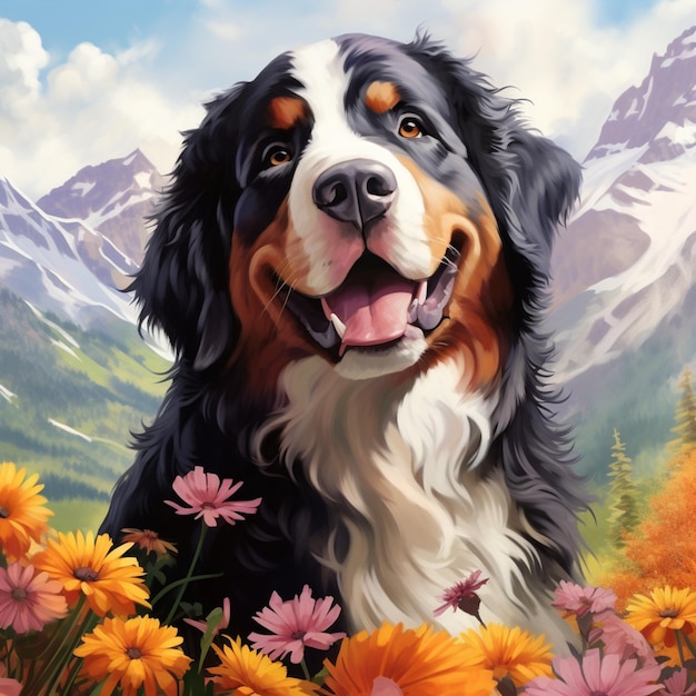 peinture d'un chien dans un champ de fleurs avec des montagnes en arrière-plan IA générative