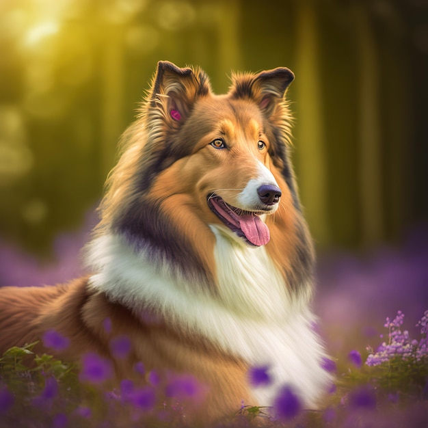 Une peinture d'un chien dans un champ de fleurs violettes.