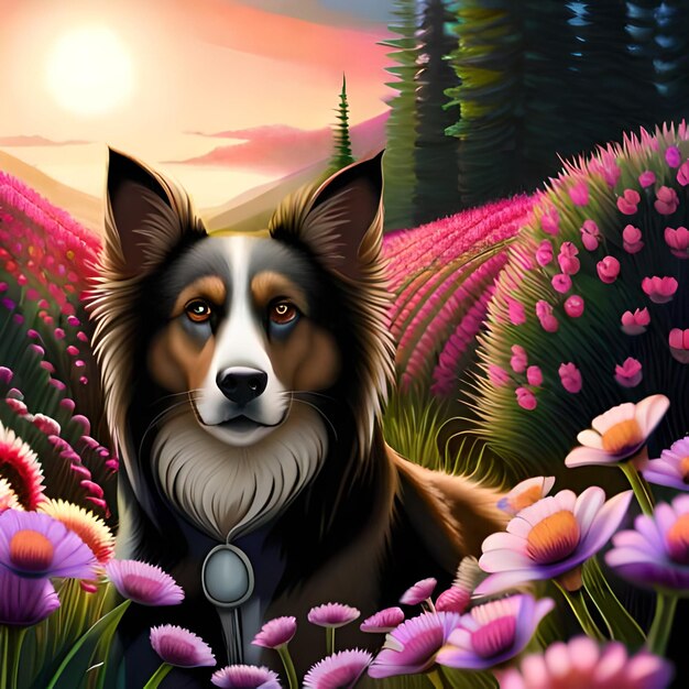 Une peinture d'un chien dans un champ de fleurs