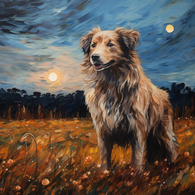 peinture d'un chien dans un champ avec une pleine lune en arrière-plan