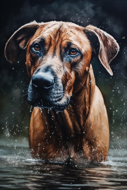 Une peinture d'un chien dans l'eau