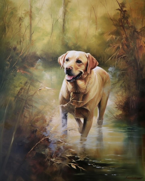 Une peinture d'un chien dans l'eau