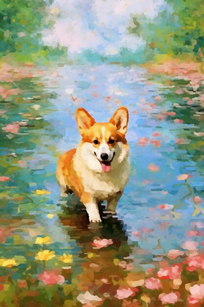 Peinture d'un chien debout dans un étang d'eau avec des fleurs génératives ai