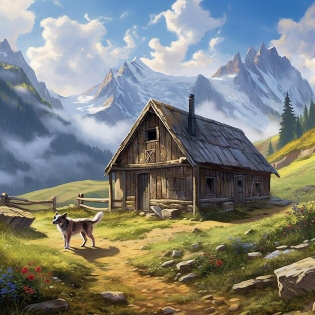 Peinture d'un chien devant une cabane dans les montagnes